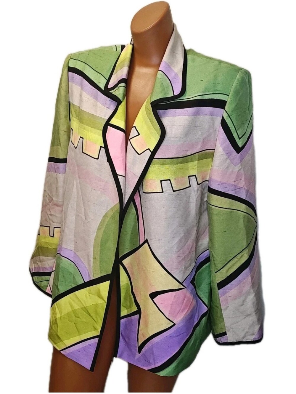 Yolanda Loreme Hand Painted 100% Silk Blazer Large Artsy Geometric Lady Jacket
